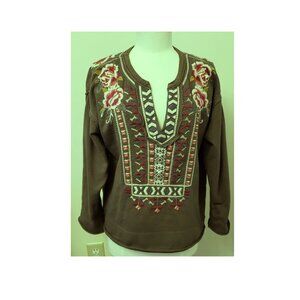 Johnny Was Floral Embroidered Sweatshirt/Sweater Size-PL Army Green